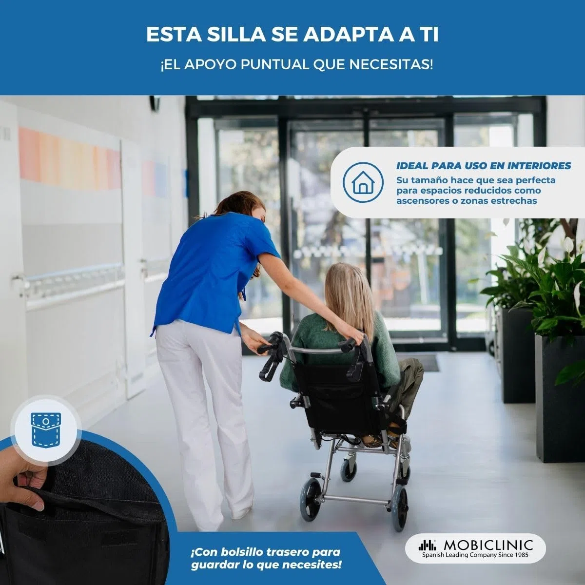 Mobiclinic, Silla de ruedas de tránsito, Neptuno, Aluminio, Plegable, Freno en manetas, Marca Española, Reposapiés plegables, a, Cinturón seguridad, Ergonómica, 93x 49.1x 96 cm