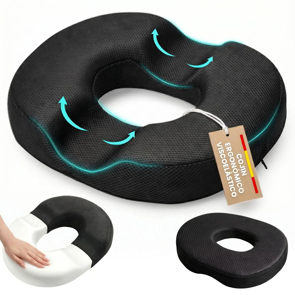 Cojín Ergonómico Viscoelástico de Coxis con Forma de Dónut – Ideal para Silla de Oficina, Coche y Teletrabajo en Jornadas Largas – Funda Transpirable Extraíble y Lavable a Máquina