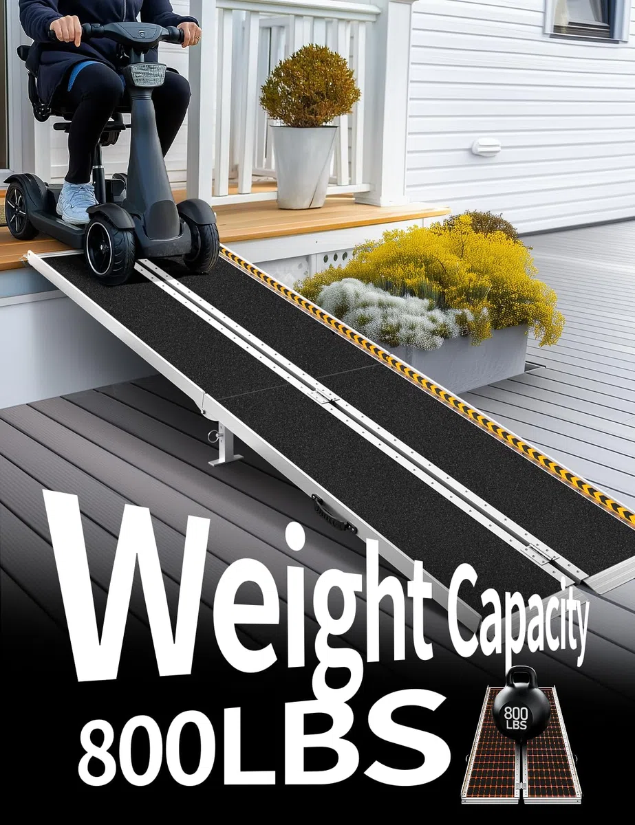 FACHNUO Rampa para sillas de ruedas, 243 cm, plegable, de aluminio, con patas de apoyo ajustables, capacidad de carga de 362 kg, antideslizante y portátil, rampa negra para escaleras bajas, peldaños