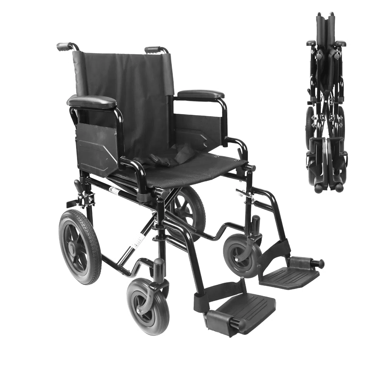 Silla de Ruedas Plegable Ligera (Asiento 46 cm), Estructura de Acero con Freno Manual, Reposabrazos y Reposapies Abatibles, Cinturón