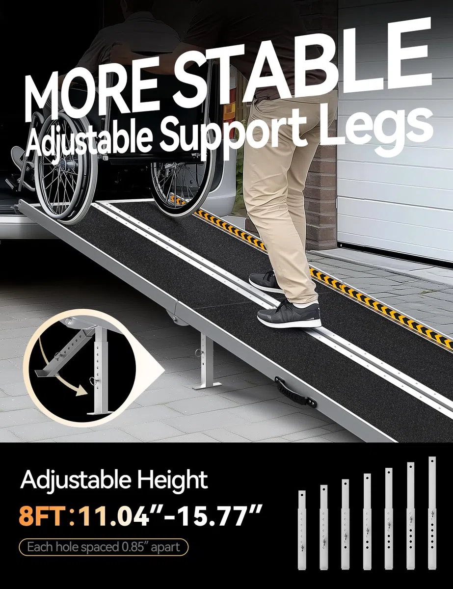 FACHNUO Rampa para sillas de ruedas, 243 cm, plegable, de aluminio, con patas de apoyo ajustables, capacidad de carga de 362 kg, antideslizante y portátil, rampa negra para escaleras bajas, peldaños