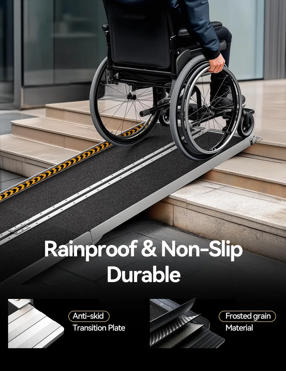 FACHNUO Rampa para sillas de ruedas, 243 cm, plegable, de aluminio, con patas de apoyo ajustables, capacidad de carga de 362 kg, antideslizante y portátil, rampa negra para escaleras bajas, peldaños