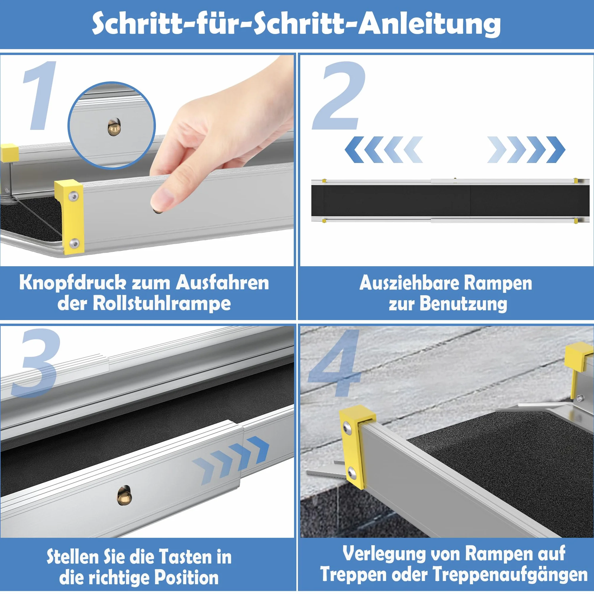 UISEBRT 2 x Rampa telescópica para silla de ruedas, Rampa telescópica de aluminio, Rampa de acceso ajustable, Capacidad de carga para escalera hasta 300 kg (75.5-122cm)