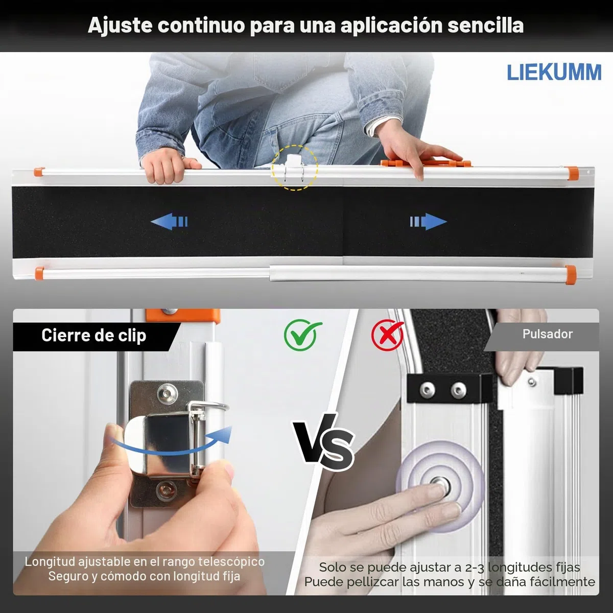 LIEKUMM 2 x 77,5-122,5 cm Rampas Telescópicas para Sillas de Ruedas, Capacidad Carga de 300 kg Rampa Silla de Ruedas Ajustable, Rampa de Acceso para Escaleras, Bordillos, Scooters y Bicicletas