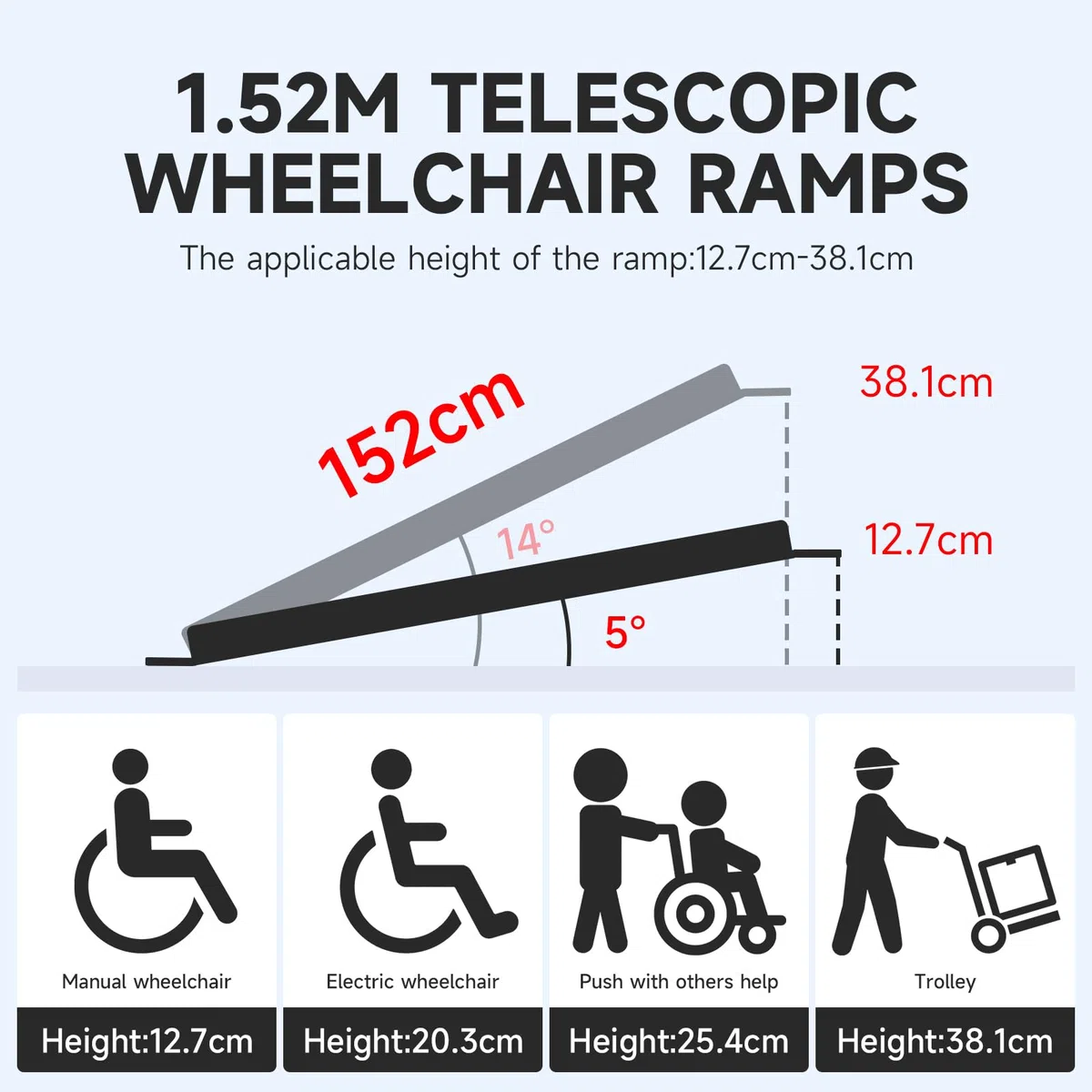 2 PCS Rampa para Silla de Ruedas, Rampa de Acceso Ajustable de 90 a 152 cm, Carga Máxima 272 kg, Rampas Telescópicas de Longitud Variable con Superficie Antideslizante