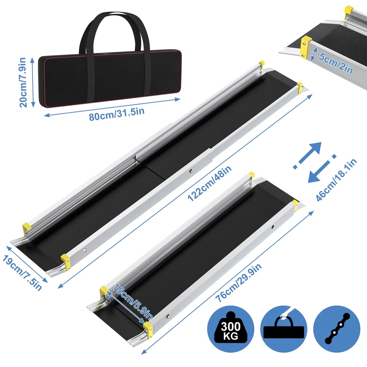 UISEBRT 2 x Rampa telescópica para silla de ruedas, Rampa telescópica de aluminio, Rampa de acceso ajustable, Capacidad de carga para escalera hasta 300 kg (75.5-122cm)