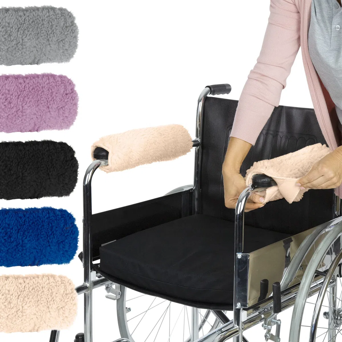 Vive Almohadillas para reposabrazos de silla de ruedas (2 piezas) – Accesorios de cojín de piel de oveja de espuma viscoelástica para transporte eléctrico de silla de ruedas – para adultos, personas