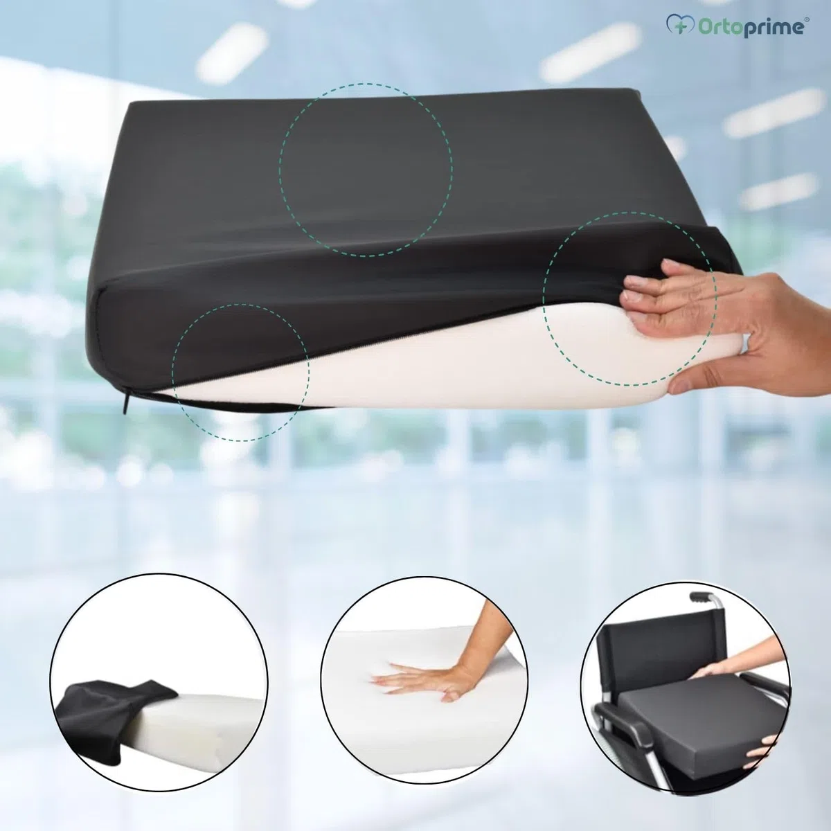 OrtoPrime Cojín Antiescaras Viscoelástico + HR Espuma Confort Memory, para Silla de Ruedas Sillón y Oficina, Lavar a mano - Cojín Impermeable, Protección y Comodidad, Negro