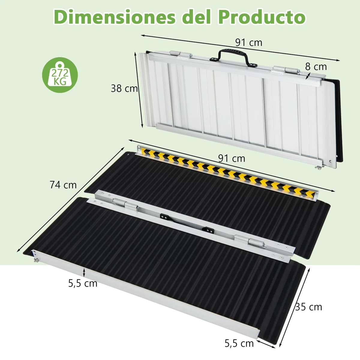 COSTWAY Rampa Portátil de Aluminio para Silla de Ruedas, Rampas Plegables con Placa de Transición y Superficie Antideslizante para Umbrales Escaleras (91 cm)