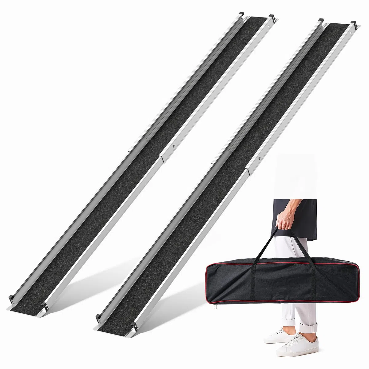FACHNUO Rampas telescópicas para sillas de Ruedas Antideslizantes, 2 rampas de Aluminio para sillas de Ruedas de hasta 272 kg, rampa portátil con Bolsillos de Tela, rampas para escaleras