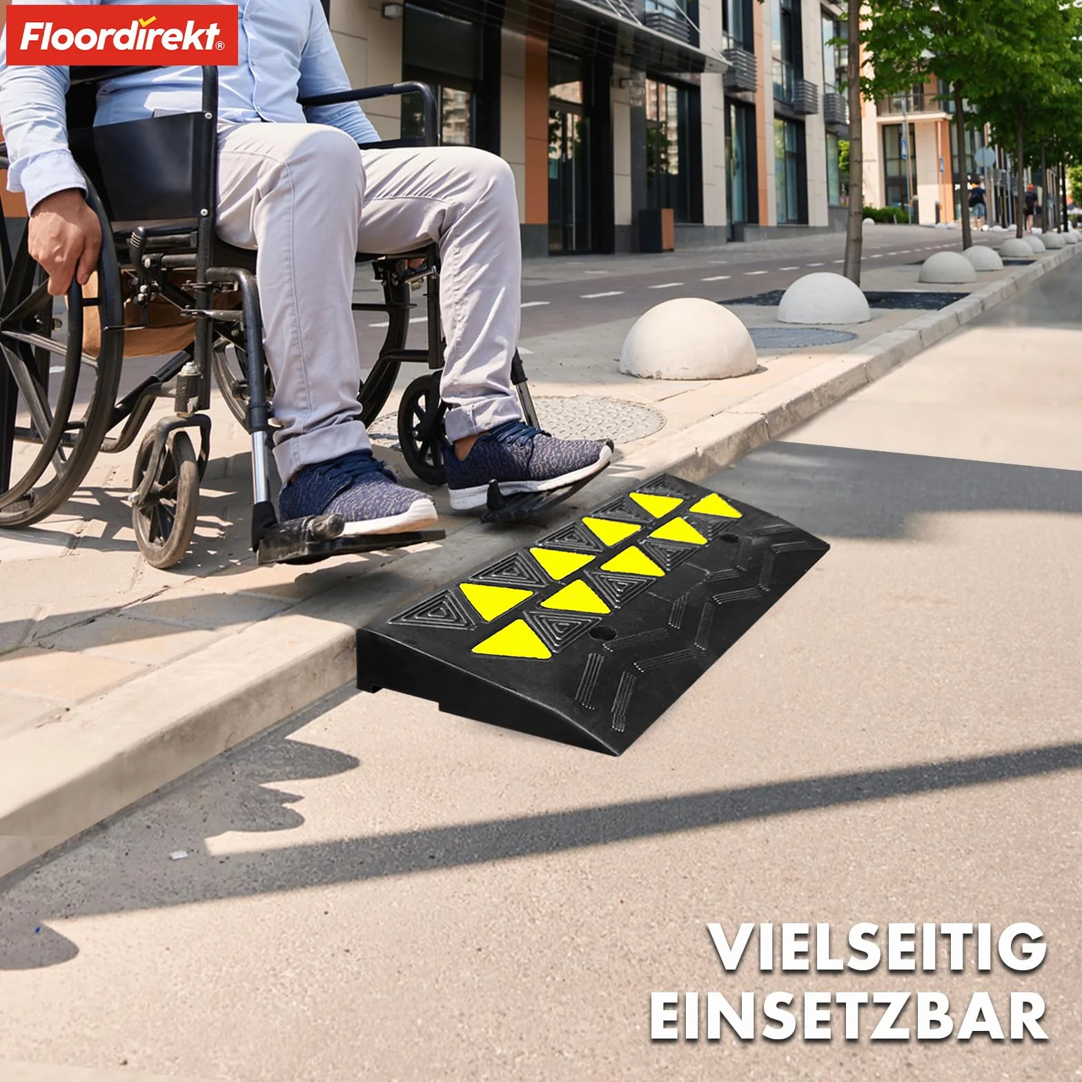 Floordirekt Rampa de umbral Blanc – Rampa de umbral de puerta y bordillos de 8 cm de altura con marcador amarillo brillante – Rampa para silla de ruedas para accesibilidad en bordillos y aceras de