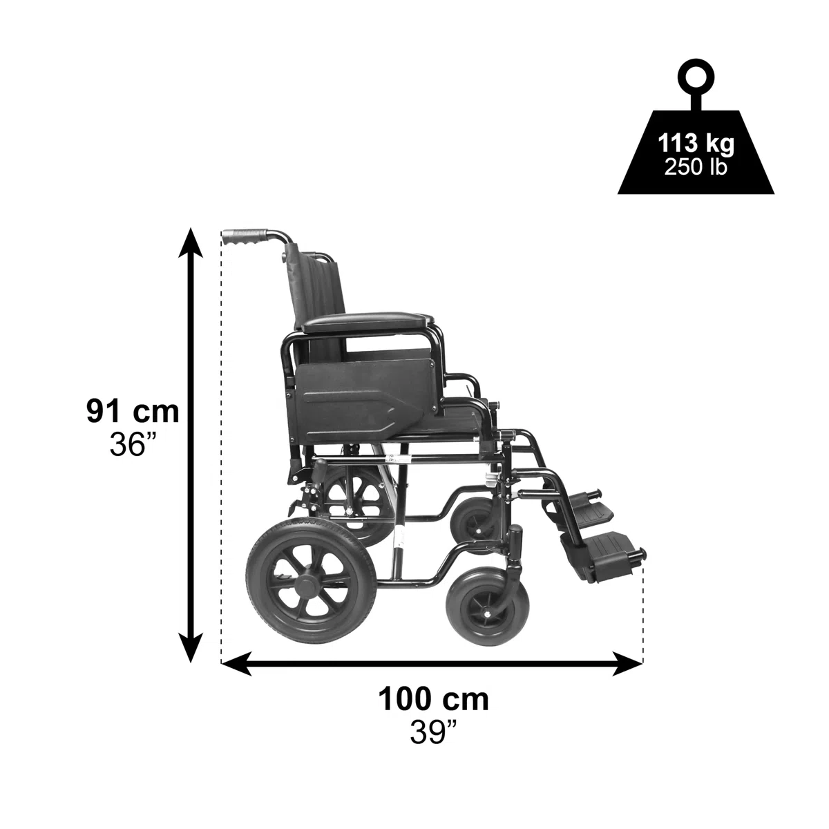 Silla de Ruedas Plegable Ligera (Asiento 46 cm), Estructura de Acero con Freno Manual, Reposabrazos y Reposapies Abatibles, Cinturón