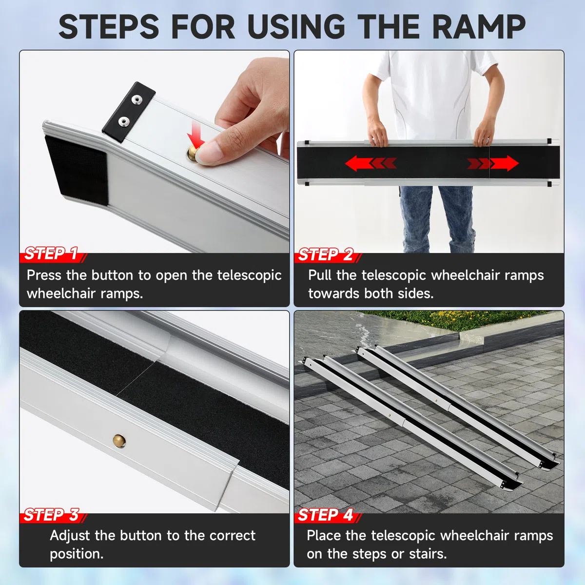 2 PCS Rampa para Silla de Ruedas, Rampa de Acceso Ajustable de 90 a 152 cm, Carga Máxima 272 kg, Rampas Telescópicas de Longitud Variable con Superficie Antideslizante