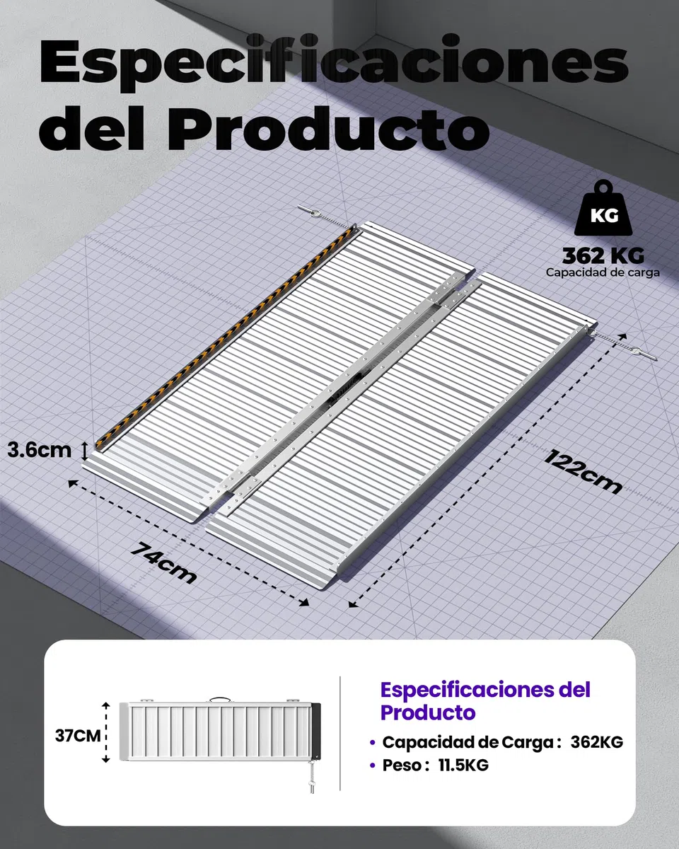 FACHNUO Rampa para Sillas de Ruedas Plegable 122CM Rampa de Umbral, Capacidad 362KG, Antideslizante Extra Ancha 74cm - Rampa de Aluminio Portátil para Escaleras, Peldaños, Puertas, Entradas