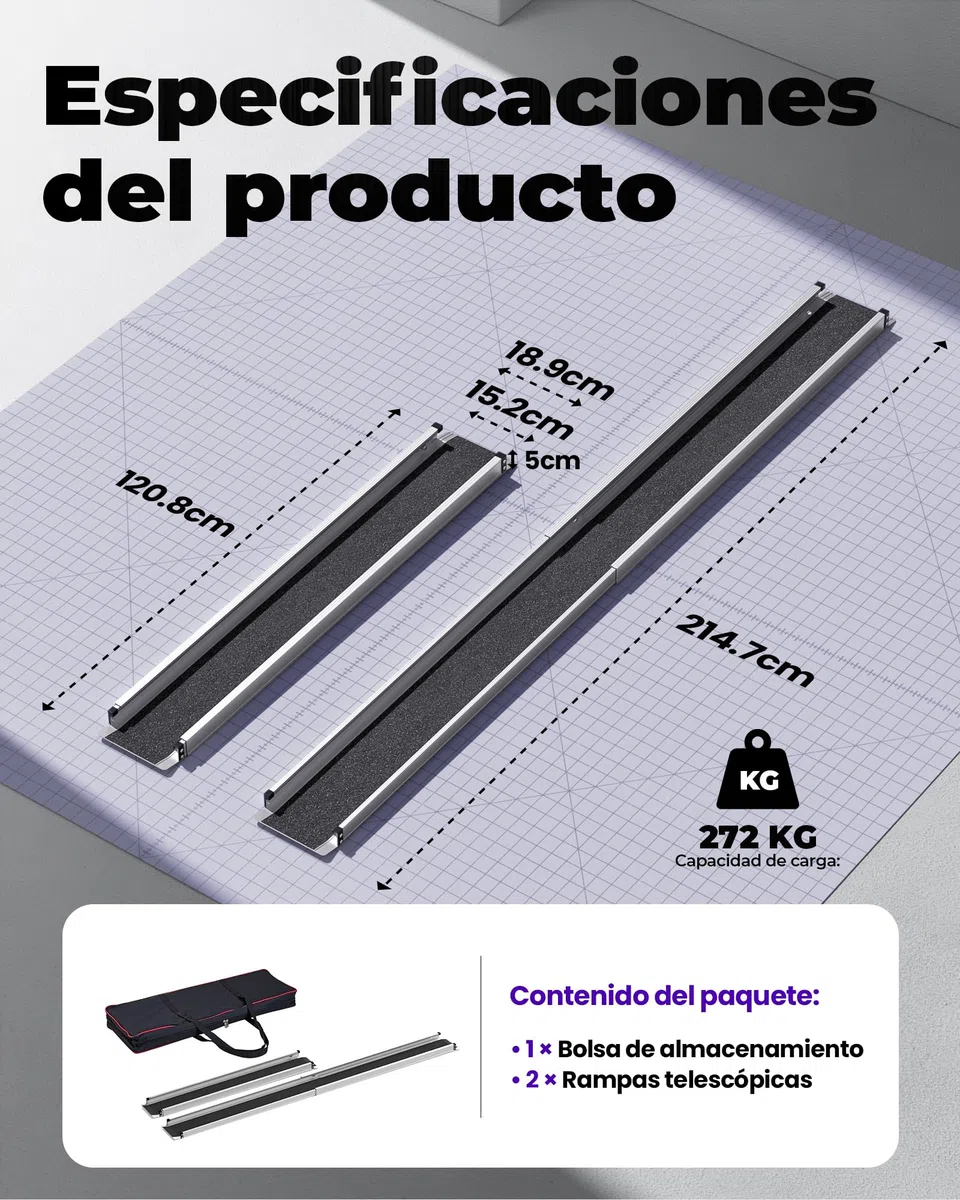 FACHNUO Rampas telescópicas para sillas de Ruedas Antideslizantes, 2 rampas de Aluminio para sillas de Ruedas de hasta 272 kg, rampa portátil con Bolsillos de Tela, rampas para escaleras