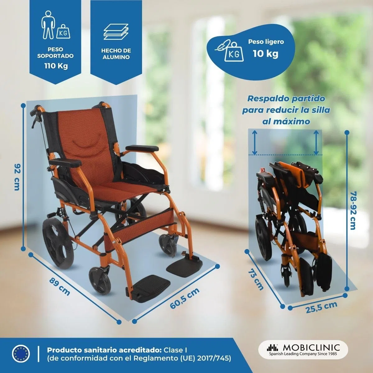 Mobiclinic®, Silla de ruedas, Plegable, Ligera, Dos sistemas freno, Respaldo, Aluminio, Reposapiés abatibles, Modelo pirámide, Pequeñas, Reposabrazos fijos (Naranja, 46 cm)
