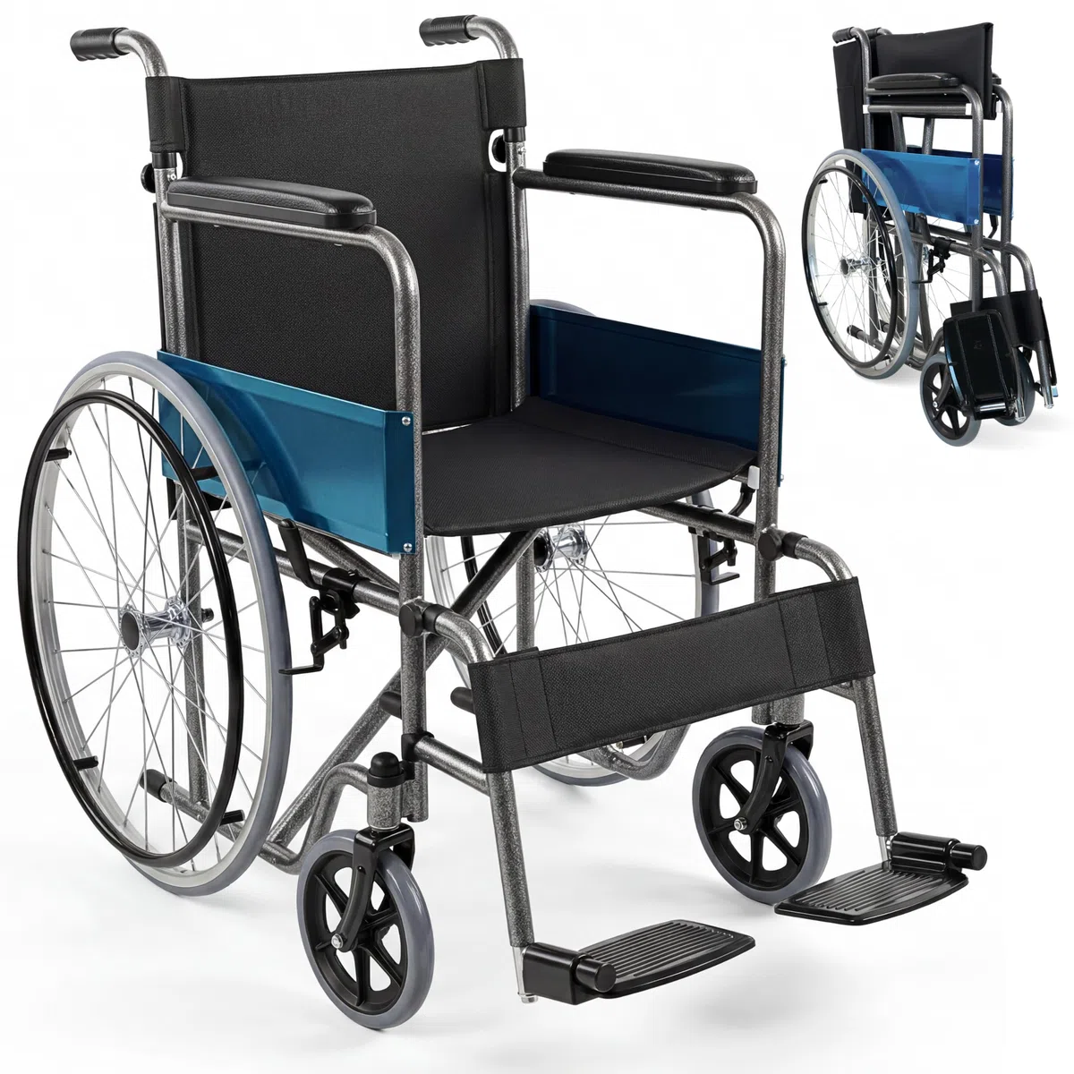 Mobiclinic®, Silla de ruedas plegable, Ligera, Alcázar, Autopropulsable, Freno estacionamiento, Asiento 46cm, Marca española, Reposapiés abatibles, Reposabrazos acolchados, Resistente