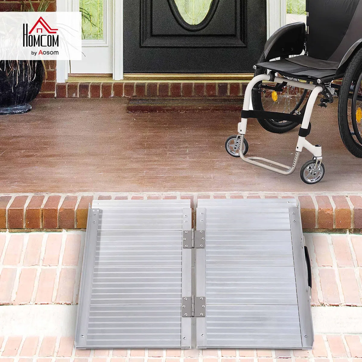 HOMCOM Rampa para Sillas de Ruedas Plegable, 61 cm, Carga 270 kg, Rampa Portátil de Aluminio Antideslizante con Bordes de Seguridad y Asa, para Escaleras, Puertas, Discapacitados