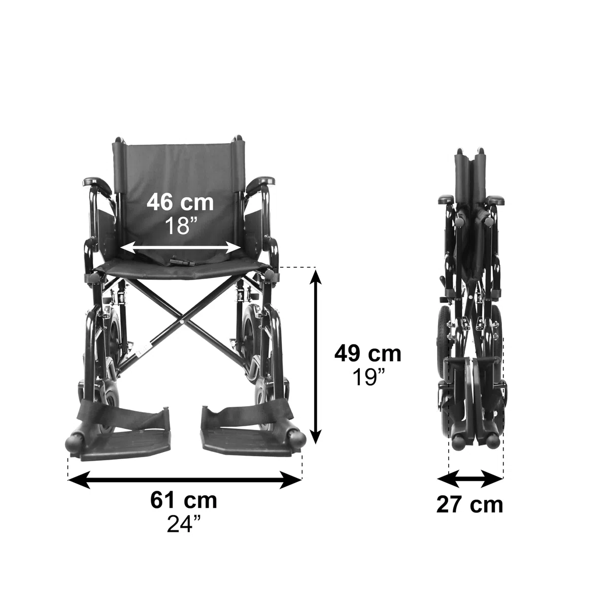 Silla de Ruedas Plegable Ligera (Asiento 46 cm), Estructura de Acero con Freno Manual, Reposabrazos y Reposapies Abatibles, Cinturón
