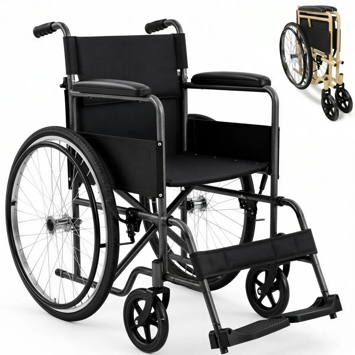 Mobiclinic®, Silla de Ruedas, Plegable, Denver, Asiento 46 cm, Freno Manual, Respaldo Desmontable, Reposapiés Abatibles, Resistente, Ligera, Acero (Gris)