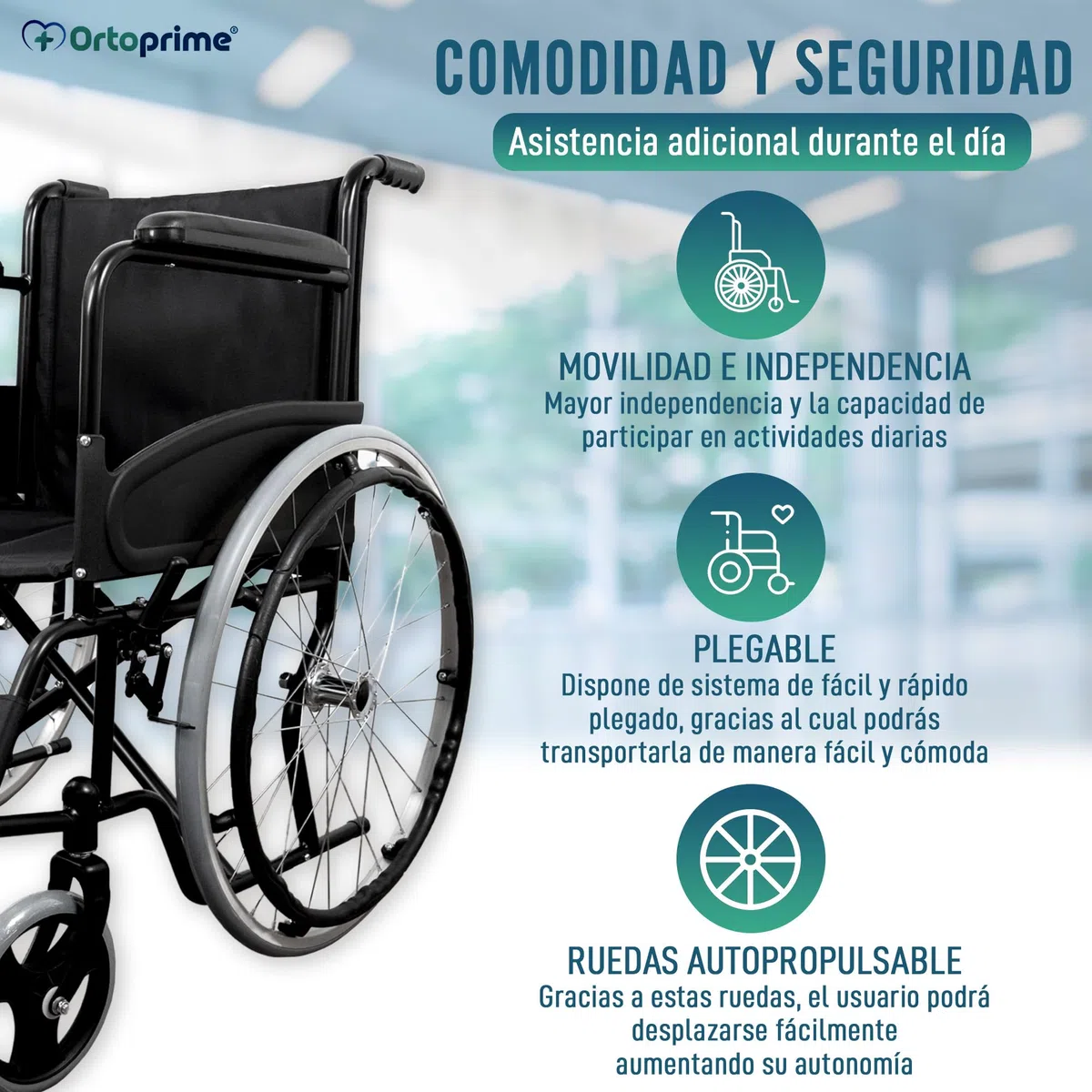 OrtoPrime Silla de Ruedas Plegable Ligera AUTOPROPULSABLE Sillas de ruedas para adultos - Sillas de Ruedas Plegables - Silla de Ruedas Ortopédica - Silla ruedas minusválido PLEGABLE Marca Española