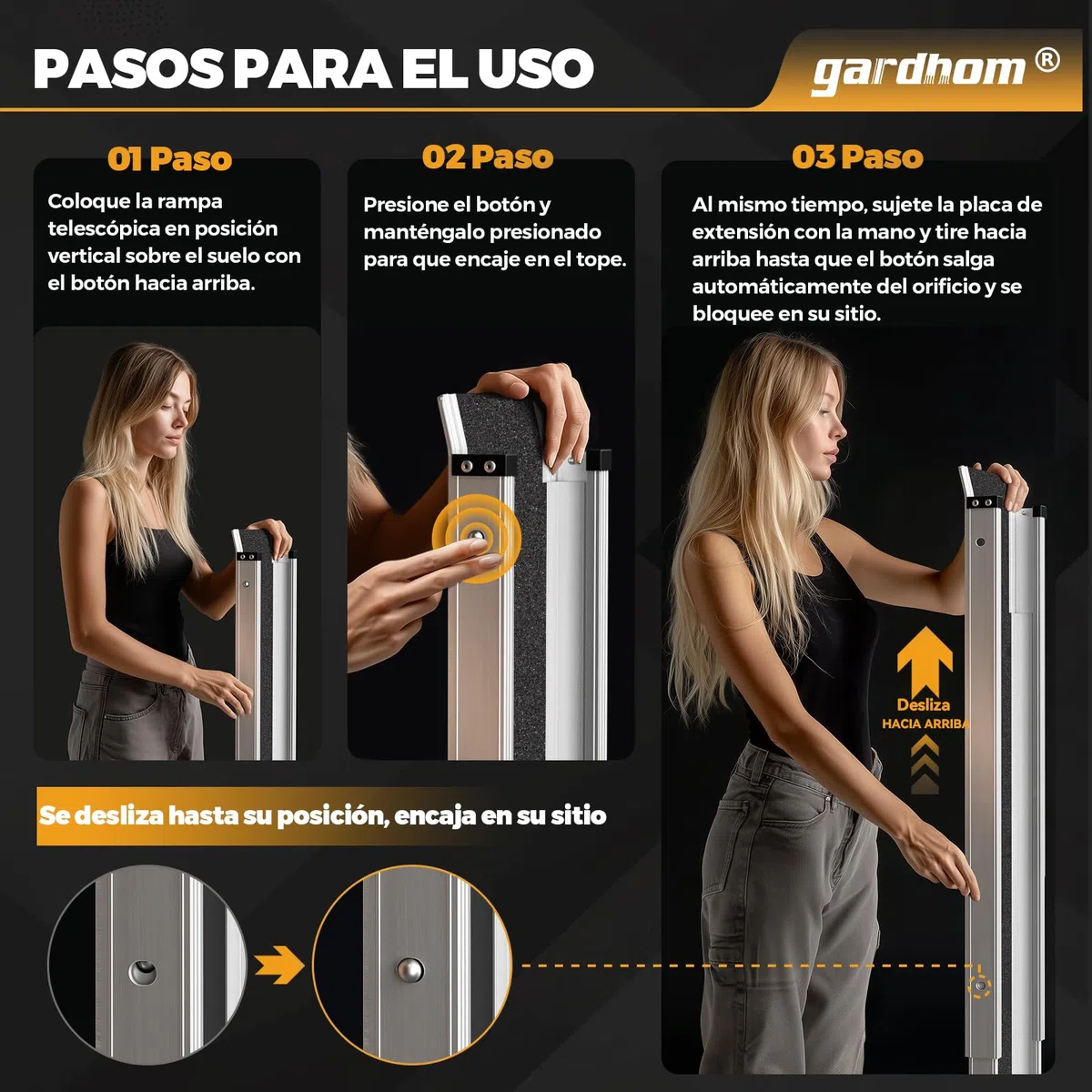 gardhom 2PCS Rampas Telescópicas para Silla de Ruedas de 120 a 213 cm, Rampa Portátil Ajustable para Silla de Ruedas de 272 kg, Rampas con Superficie Antideslizante Negra y Bolsa de Transporte